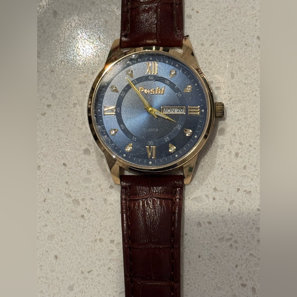 Poshi Blue Face Date Day Quartz Gold Tone Brown Faux Leather Water Res Watch